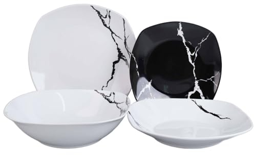 Vajilla de 19 piezas para 6 comensales. Porcelana blanca y negra. Diseño moderno en mármol. Elegante y refinado. Uso diario, ocasiones especiales, lavable en lavavajillas