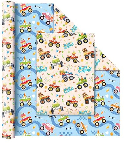 WERNNSAI Monstertruck Geschenkpapierrolle – 1 Rolle 43 cm x 10 m Monster LKW Doppelseitig Packpapier für Geburtstagspartys mit zwei Seiten für Babyjungen Festival Dekorationskunst Blau und Hellorange