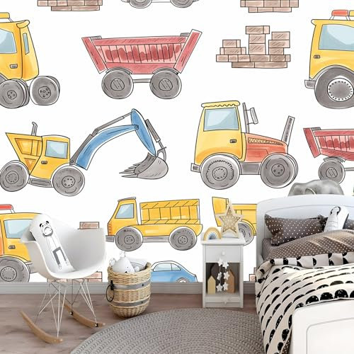 Papier Peint 250 x 175 cm Mural Décoration Tracteur en dessin animé thème convient à la chambre à coucher à la chambre d'enfants, au salon à la cuisine Mural Blanc