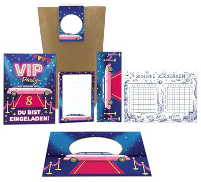 10 Einladungskarten zum 8. Kindergeburtstag Mädchen VIP Disco Mädchengeburtstag Einladung achte Geburtstag incl. 10 Umschläge, 10 Tüten, 10 Aufkleber, 10 Lesezeichen, 10 Blöcke, 10 Schiffe versenken