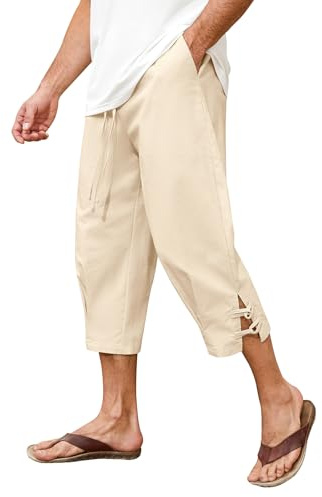 Vijamiy Short 3/4 en Lin pour Homme Pantacourt été Baggy être en Jachère Short de Plage Cordon élastique à la Taille Lin Homme Bermuda avec Poches(Kaki,XL)