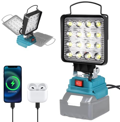 Cordless LED Work Light for Makita18V, 48W 4800 LM Battery Lamp, 2 Modes LED Spotlight with 2 USB Charging,Portable Floodlight for Emergencies, Construction Site, (No Battery) DOYFAY