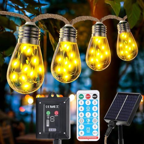 Cadena de luces solares para exteriores con 20 bombillas IP65, 8 modos, cadena de luces solares para exteriores, resistente a la intemperie, color blanco cálido, vintage, con cuerda de cáñamo