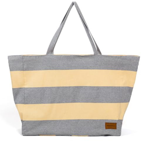 MOMOMUS Große Strandtasche XXL Familie - Wendbar, Gestreiftes und glattes Design, Geräumig - 50x40, Aschgrau-Sandelholz