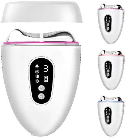 EMS Gua Sha, 4 Modes in 1 Gua Sha Elektrisch mit Wärme Kalt Display, Gesichtsmassagegerät Gegen Falten, Guasha mit 3 Vibrations Rot Blau Violett, EMS Face Yoga Gerät Gesicht, Face Massager Anti Falten