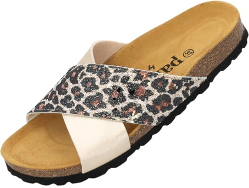 Palado Pantoletten Damen Rianel Wild by Sila Sahin - elegante Sandalen Made in Spain - bequeme Hausschuhe mit Kork-Fußbett - modische Sommerschuhe Gold Leo UK4,5 - EU37