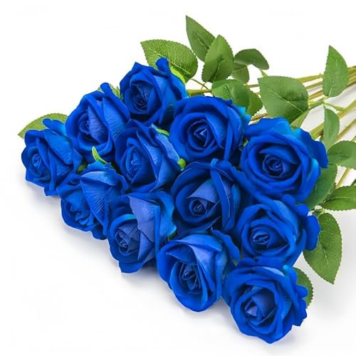 10 Pcs Artificial Roses, Blue Fake Roses Artificials Flowers, with Stems Fake Artificial Blue Rose Silk Flowers, for Home Garden Party Hotel Office Decor