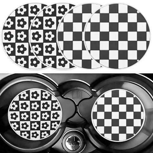 4Pcs Car Coasters, 2.76 in Anti-Slip Flower Cup Holder Silicone Auto Insert Cup Coaster, Automotive Checkerboard Grid Vehicle Cup Mats, Interior Accessories Universal for Most Cars Trucks