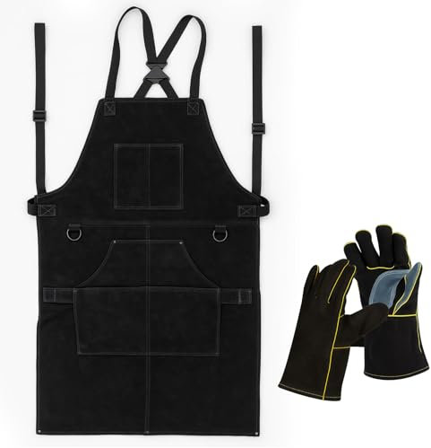 CROWNSHOP Work Apron Leather Welding Apron Adjustable Heavy Duty Fireproof Aprons with Welding Gloves