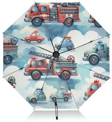 RPLIFE Regenschirm, automatisches Öffnen und Schließen, UV-Regenschirm, kompakt, winddicht, kompakte Größe für Rucksäcke/Handtaschen – für Reisen, niedliche Feuerwehr-LKW