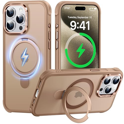 AurySharled Hülle für iPhone 15 pro max mit Unsichtbarem Magnetisch Ständer, Militärischer Fallschutz, rutschfest, Anti Fingerabdruck Kratzer, Stoßfeste Matte Handyhülle (Braun)