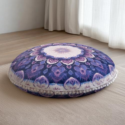 DAWNYIELD Meditationskissen für den Boden, Runde Sitzkissen, Lila | Sitzkissen mit waschbarem und abnehmbarem Bezug, 80 cm Ergonomisches Yogakissen mit Pompon-Dekor, Innen- und Außenbereich