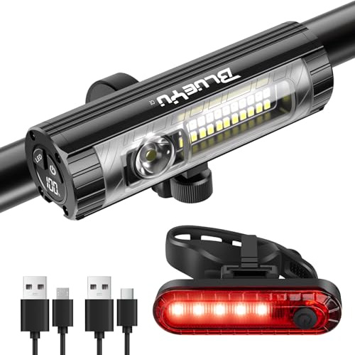 BlueYu Waterproof Bike Light Set - High/Low Beam LED Bike Light + Free Taillight, Bright Bicycle Lights, Essential Bike Lights for Night Riding, Mountain Road Bikes, Adults & Kids