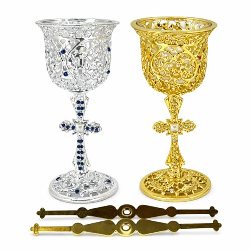 misticSparks Elegante Tisch-Kerze mit Kreuz – Metallständer Gold oder Silber mit Glasbecher 15 cm Höhe 7 cm Breite Aufhängung Spirituelles Geschenk Hausaltar (Gold)