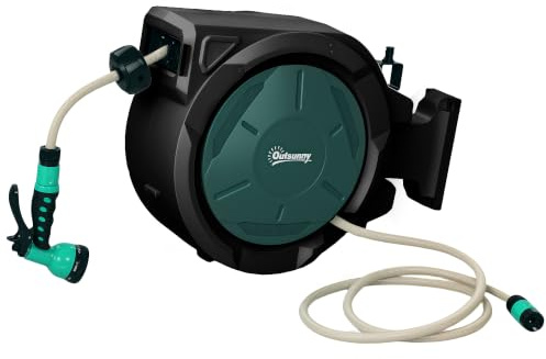 Outsunny Enrouleur Tuyau Arrosage Mural 30 m x Ø 15 mm Rétractable Noir | Dévidoir Automatique de Tuyaux d'Eau, Pivotant à 180°, Buse à 7 Modes, pour Jardin et Lavage de Voiture