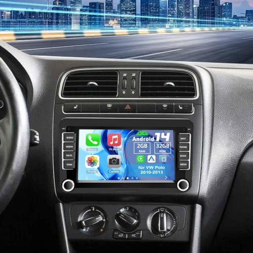 Slakerbe Android 14 Autoradio 2 Din mit Carplay Android Auto für VW Polo 2010-2013, 2G+32G 7 Zoll Auto Radio Stereo mit Bluetooth Navi WiFi FM RDS Rückfahrkamera