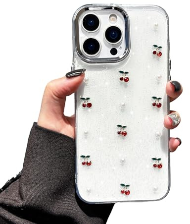 EYZUTAK Case for iPhone 16 Pro Max, Bling Glitter 3D Pearl Red Cherry Case | Sparkly Crystal Clear, Cute Aesthetic Cherries Design, Slim Soft Durable TPU Transparent Protective Cover, for Women Girls