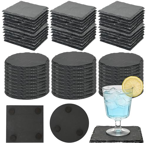 Wpokke Schiefer Untersetzer 60 Stück, 10x10 cm Schwarz Steinuntersetzer Set Schieferplatte Glasuntersetzer mit Kratzfester Unterseite für Kaffee, Bar, Küche, Heimdekoration, 30 Eckig und 30 Rund