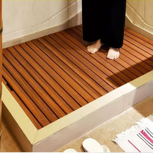 HOLGVE Tappetini da Doccia Grandi In Legno di Teak Antiscivolo, Tappetini da Bagno Quadrati Resistenti, Tavola Comoda Rialzata, for Spa, Sauna, Piscina Vasca Idromassaggio(23.6x35.4in/60x90cm)
