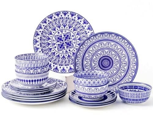 simpa 18PC Blue Florentine Porcelain Dinner Set. 6 Dinner Plates, 6 Side Plates & 6 Bowls. Dishwasher & Microwave Safe.