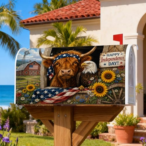 Coperture magnetiche per cassette postali a forma di mucca, stile americano, con aquila rustica, girasole, giorno dell'indipendenza, colore rosso, per decorazioni da giardino e esterni, 45,7 x 53,3 cm