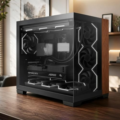 AsiaHorse Boîtier PC SCUTUM ATX, tour moyenne panoramique avec accent en grain de bois, ATX rétroconnecté, verre trempé de 4 mm, support de radiateur de 360 mm, type C 20 Gbit/s, support de