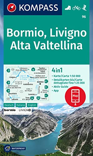 KOMPASS Wanderkarte 96 Bormio, Livigno, Alta Valtellina 1:50.000: 4in1 Wanderkarte mit Aktiv Guide und Detailkarten inklusive Karte zur offline Verwendung in der KOMPASS-App. Fahrradfahren. Skitouren.
