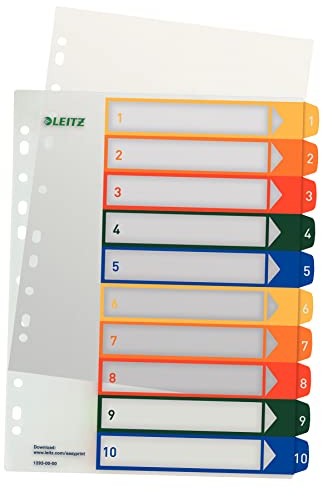 Leitz PC-beschriftbares Register, A4, PP, extrabreit, mehrfarbig (Zahlen 1-10 / 10er Pack)