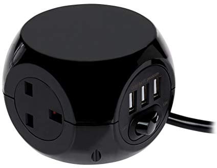 STATUS Black Cube Socket | 3 Way Cube with 3 USB Adapter Socket | 1.4m Extension Lead | S3B1.4M3XUSB1PK6