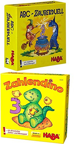 HABA Lernspiel: ABC-Zauberduell + Zahlendino - Lernspiel für Schulanfänger ab 6 Jahren - Buchstabenkarten, Zahlendino-Figur