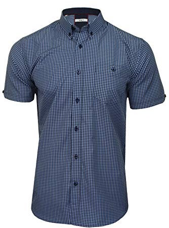 Xact Men's Gingham Check Shirt with Button-Down Collar - Short Sleeved (Denim Blue/Navy) M