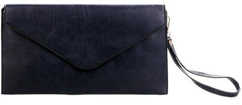 Wedmay Ladies Large Oversize Envelope Wristlet Strap Leather Evening Bag Prom Clutch Bag Purse For Women (F1460 Navy)