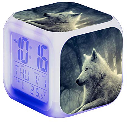 Nicole Knupfer Wolf Wecker Kinder Wecker LED Night Nachttischwecker Quadrat Beleuchteter LCD Uhr Wake Up Wecker Geschenk Muster Wolf (#18)