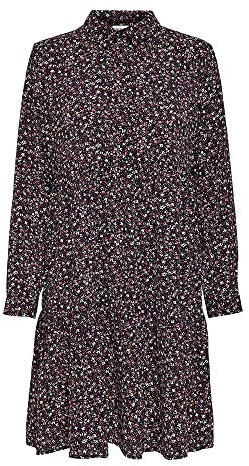 JDY Damen JDYPIPER L/S AOP Shirt Dress WVN NOOS Kleid, Black/AOP:Fuschia PINK & Vivid Viola Fleur, 34