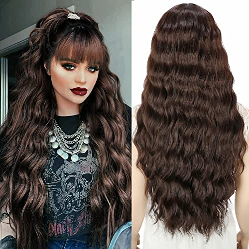 YEESHEDO Damen Dunkelbraun Lang Wellig Lockige Perücke Natürlich Farbe lange locken Volles Haare Peruecke mit Pony für Frauen 28 Zoll (Dunkel Braun)