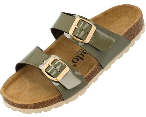 Palado Pantoletten Damen Samos - elegante Sandalen Made in Spain - bequeme Hausschuhe mit dämpfendem Kork-Fußbett - modische Sommerschuhe Lack Khaki UK3,5 - EU36