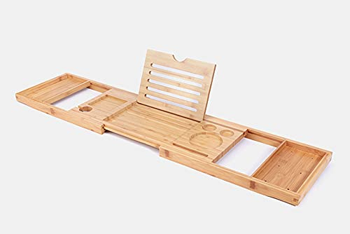 Badewannentisch Tablet Ausziehbar Bambus Badewannenablage Verkürzung Badewannenbrett Badewannen Tablett Halter Laptop Tablet Brett für Badewanne mit Weinglashalter, Natur