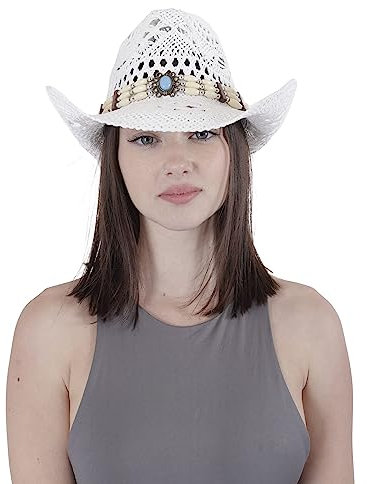 Sombrero de Cowboy de Paja Vaquero Panamá con Banda Occidental Unisex Talla Única Hombre Mujer para Verano Coachella Playa al Estilo Country Brasileño Bohemia Indiana Rafia Natural (XH-12503)