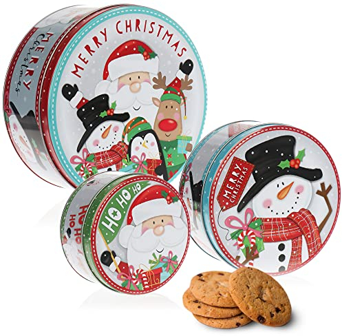com-four® Set di barattoli per biscotti in 3 pezzi, set di barattoli per biscotti natalizi, scatole di latta natalizie con coperchi (3 pezzi - rosso/verde/blu)