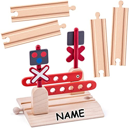 Holz - Bahnübergang/Schranke + 4 gerade Schienen - inkl. Name - für Eisenbahn/Holzeisenbahn - passend für alle Schienen-Systeme & Straßen - z.B. Brio/He..