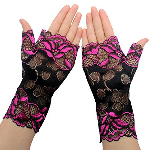 MoreChioce Damen Fingerlose Spitzen Handschuhe, 1 paar Elegant Blume Muster Kurz Fingerlos Spitze Handschuhe Half Finger Netzhandschuhe UV Schutz Fingerhandschuhe Brauthandschuh,Dunkel Rot