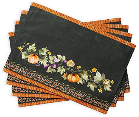 Maison d' Hermine Tischset, 100% Baumwolle Set mit 4, dekorative Oster-Tischsets, waschbare Stoff-Tischsets für Zuhause, Buffet, Pumpkin Garden - Dark Green – Erntedankfest/Weihnachten (33cm x 48cm)