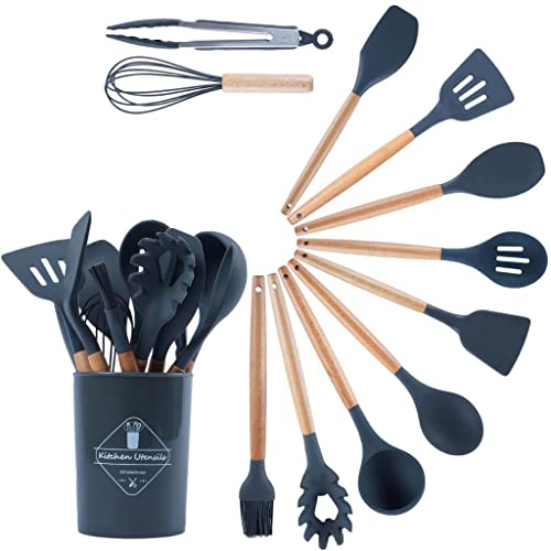 MACZ Silicone Kitchen Utensils Set - 12pcs Cooking Utensils Set with Holder - Heat Resistant, Nonstick Cookware Tongs Spatula Kitchen Set - Easy Clean and Dishwasher Safe - Grey