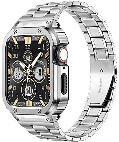 MioHHR Stainless Steel Watch Band with Case Compatible for Apple Watch Bands 45 mm,Rugged Strap with Metal Protective Bumper Cover for iWatch Series 9/8/7 for Men(Silver)