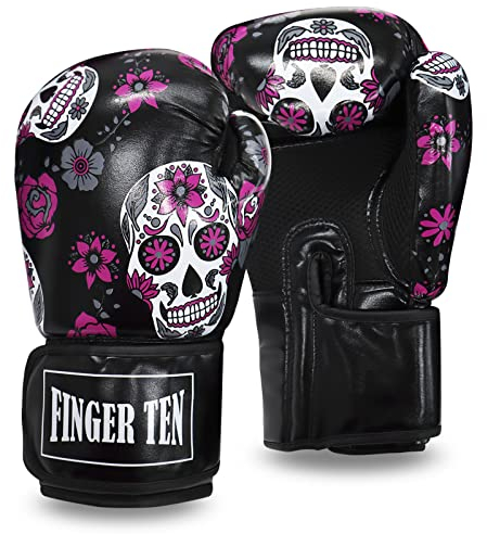 Gant de Boxe Femme Adulte 10 Oz D'entraînement Cuir Synthétique, Gants de Formation Mitaines Professionnelle Kickboxing Sparring Fitness Punching Bagwork Fight et Boxercise (10 oz, Crâne Noir)