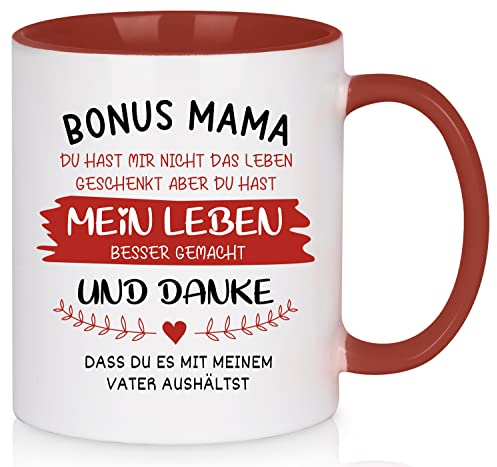 Joymaking Tasse mit Spruch - Bonus Mama - Kaffeetasse lustig Muttertagsgeschenk/Geschenkidee Geburtstag für Mama/Stiefmutter Geschenk, Spülmaschinenfest Tasse, 11oz Rot