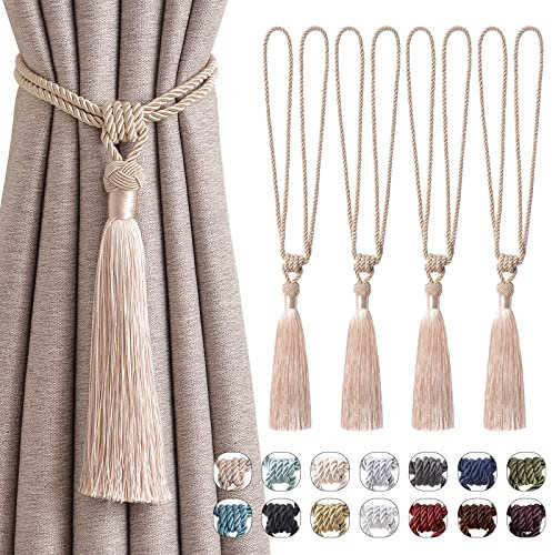 Pretty Jolly Langen Quasten Vorhang-Raffhalter Handmade geflochtene Seil Knoten drapierte Raffhalter Elegante dekorative Vorhanghalter für Zuhause und Büro, Dunkelbeige, 4 Stück