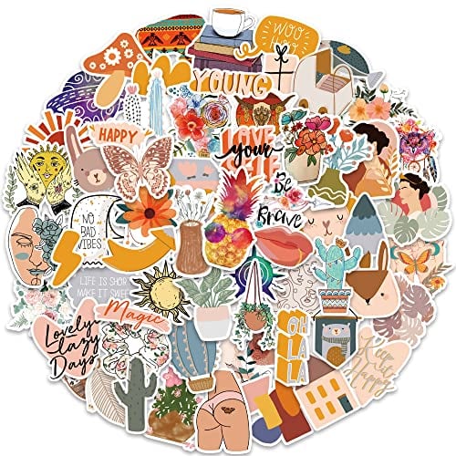 100 PCS Bohemia Style Stickers for Laptop Vinyl PVC Kawaii Pack Decals for Water Bottle Moto Bicycle Skateboard Luggage Phone Decor Scrapbook Stickers for Kids, Teens, Girls and Adults - Boho