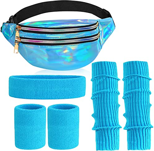 ONUPGO 80er Jahre Frauen Neon Beinwärmer Set Holographische Gürteltasche Stirnband Armbänder Set (Sky Blue)