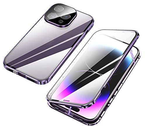 ksscaly Case for iPhone 14 Pro, 360 Degree Full Body Protection with Safty Lock Magnetic Adsorption Metal Bumper Front and Back Tempering Glass Cover for iPhone 14 Pro (6.1 inch) (Purple)